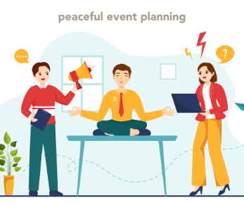cartoon image of three persons with the one in in the middle meditating among chaos